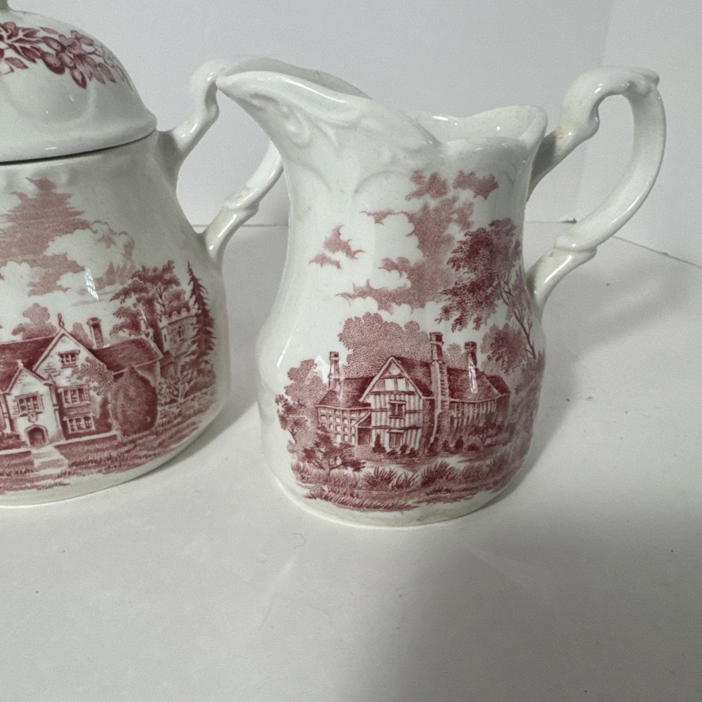 J‎ & G MEAKIN ROMANTIC ENGLAND RED CREAMER & COVERED SUGAR BOWL TRANSFERWARE - Picture 3 of 5